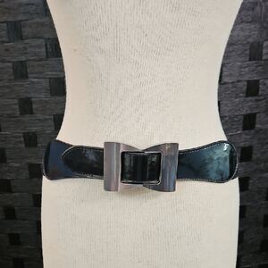 Black Patent Leather Bow Belt M/L - Silver Buckle Elastic Waist Cinch